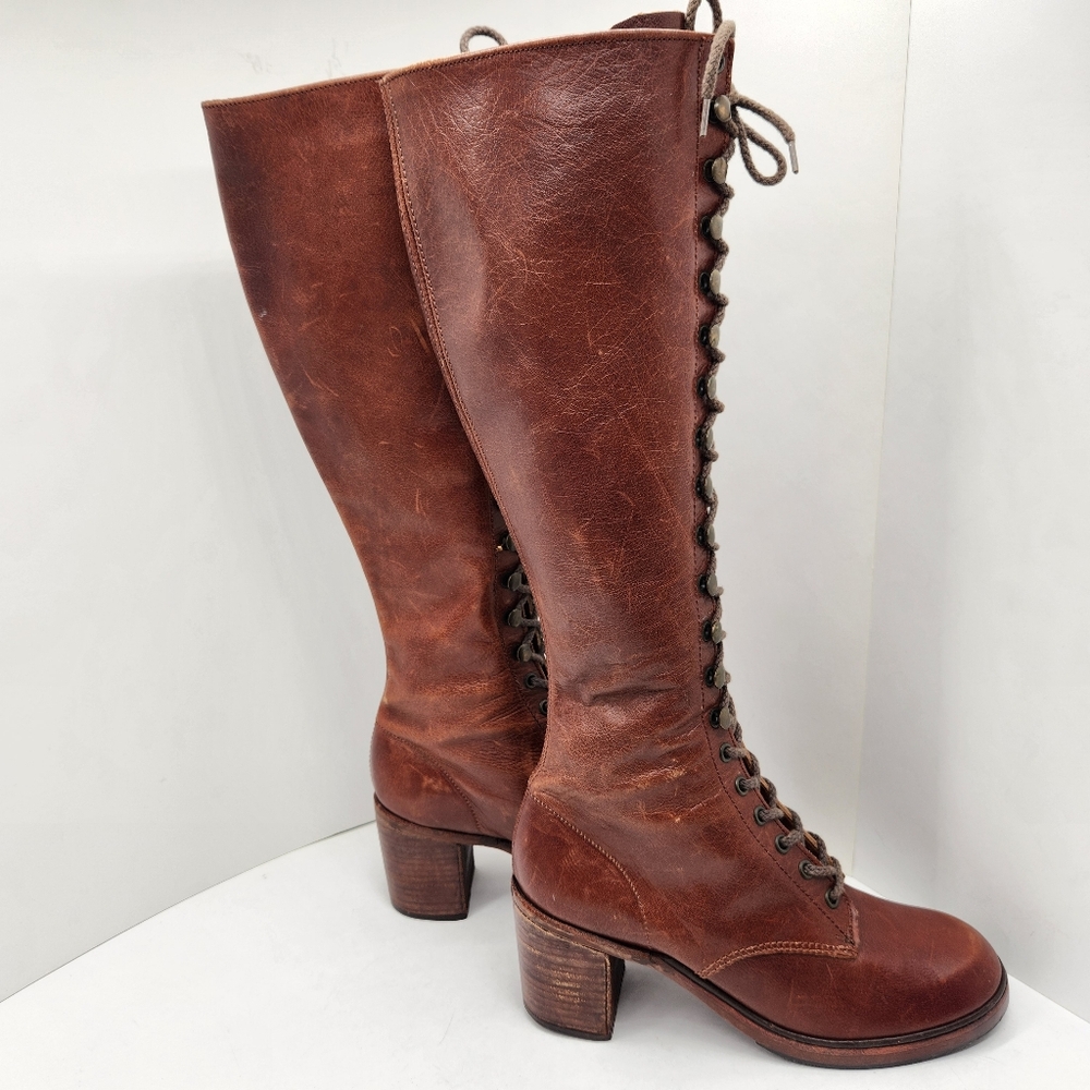 Vintage Thom McAn boots women 6.5 brown leather lace up knee high heel Made USA - Picture 7 of 16